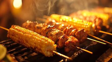 Skewers of marinated chicken and fresh corn are sizzling on a barbecue grill, surrounded by warm evening light. The aroma fills the air, creating a lively atmosphere for a summer gathering. photo