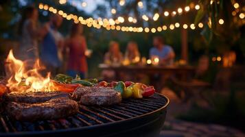 Friends enjoy a barbecue gathering under twinkling string lights during a warm summer evening. Grilled steaks and fresh vegetables sizzle on the grill, creating a festive atmosphere. photo