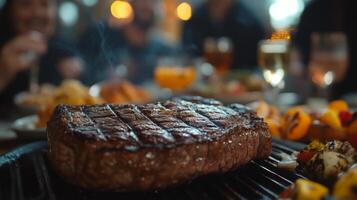 A perfectly grilled steak sits on a barbecue grill, surrounded by various colorful sides, as friends enjoy a joyful evening. The warm, inviting atmosphere enhances the dining experience. photo