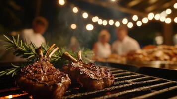 Juicy lamb chops sizzle on a grill surrounded by herbs, as guests enjoy a lively evening barbecue illuminated by string lights. The atmosphere is warm and inviting, perfect for gathering. photo