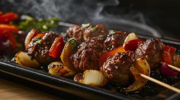 Juicy grilled meat skewers are served alongside vibrant vegetables on a hot platter. Aromas fill the cozy restaurant as guests enjoy a delightful meal prepared by skilled chefs. photo