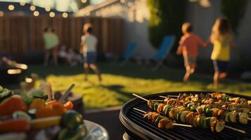 Friends are enjoying a joyous summer evening in the backyard with colorful grilled skewers on the barbecue. photo