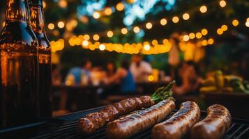 Juicy sausages sizzle on the grill while friends gather in a warm, inviting atmosphere. Twinkling lights create a festive mood during this outdoor cooking experience. photo