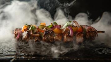 Succulent skewers of grilled meat sit atop a hot surface, surrounded by colorful vegetables such as bell peppers and onions. Smoke rises, creating an appetizing and aromatic atmosphere. photo