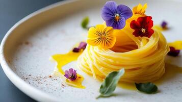 A beautifully plated ai pasta dish features delicate strands drizzled with a rich sauce and adorned with colorful edible flowers. This artistic presentation highlights culinary creativity. photo