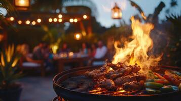 Juicy chicken and colorful vegetables are grilled over an open flame during a warm evening gathering. Friends enjoy a lively meal in a charming outdoor space illuminated by string lights. photo