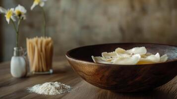 A wooden bowl contains uncooked pasta, artfully arranged on a rustic wooden table. Nearby, a jar of flour and a stylish container hold dried spaghetti, enhancing the culinary atmosphere. photo