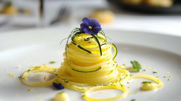 A unique pasta dish elegantly presented with spirals of noodles topped with vibrant flowers and garnishes. The setting features a modern table arrangement, enhancing the dining experience. photo