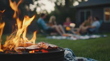 Friends relax in the backyard on a summer evening while enjoying grilled food. Flames flicker as they savor the moment, surrounded by laughter and good company under the twilight sky. photo