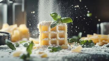 A colorful arrangement of dried pasta sits on a wooden surface, dusted with flour and adorned with fresh basil leaves. Ingredients are scattered around, creating an inviting atmosphere for cooking. photo