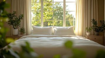 Soft sunlight pours into a peaceful bedroom through a large window, illuminating a neatly made bed flanked by lush green plants, creating a tranquil atmosphere. photo
