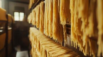 Long strands of pasta hang in rows from wooden racks in a quaint workshop, illuminated by soft natural light. The air carries the rich aroma of fresh pasta being prepared. photo