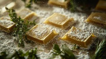 Freshly made pasta squares are arranged on a wooden surface, sprinkled with flour and surrounded by various herbs. The setting evokes a home kitchen atmosphere with culinary creativity. photo