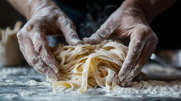 In a warm kitchen, hands covered in flour expertly shape strands of fresh pasta dough. The countertop is dusted with flour, highlighting the care and technique involved in making this dish. photo