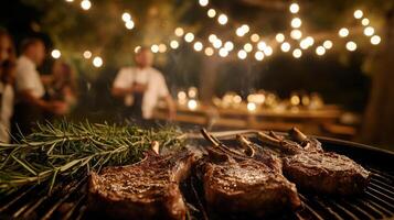 Juicy lamb chops sear on a grill, their aroma mingling with fresh rosemary. The atmosphere is lively, illuminated by string lights in a backyard gathering during the evening. photo