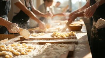 Chefs in a lively kitchen are preparing pasta from scratch, working together on flour-dusted surfaces. photo