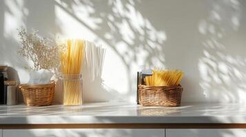 Two baskets hold various types of dried pasta on a countertop in a sunny kitchen. Soft shadows play across the surface, highlighting the vibrant colors of the pasta and adding warmth to the space. photo