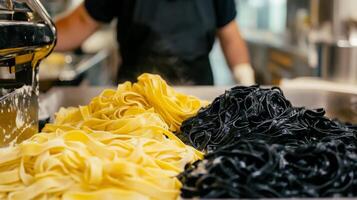 Two types of freshly made pasta are presented in a kitchen. Yellow fettuccine and black spaghetti sit in a large container, showcasing the vibrant colors. Chefs prepare to create an exquisite meal. photo