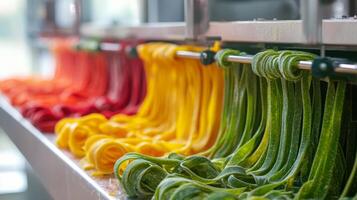 Colorful strands of freshly made pasta hang from a machine in a modern kitchen. The vibrant hues of red, yellow, and green showcase an array of flavors and ingredients, inviting culinary creativity. photo