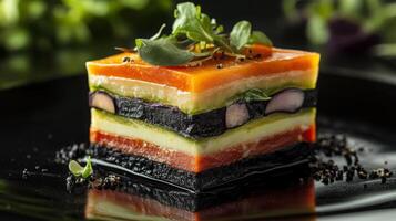 A vibrant pasta creation features layers of colorful vegetables and rich flavors. This dish is artfully plated on a dark background, highlighting its intricate design and fresh garnishes. photo
