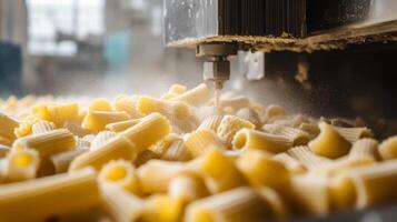 A close-up view of freshly produced pasta being processed in a factory. photo