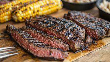 Juicy grilled steak slices are beautifully arranged on a wooden surface, accompanied by golden corn on the cob and delicious sides. Perfect for summer gatherings and outdoor meals. photo