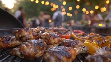 Succulent grilled chicken legs and colorful vegetables cook over the open flames at a festive outdoor gathering. Friends enjoy warm summer weather and lights twinkle in the background. photo