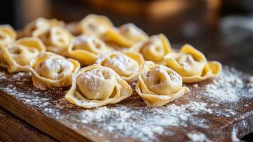 A beautifully crafted pasta dish sits on a wooden board, dusted with flour. Each piece showcases intricate folds and a delicate texture, waiting to be cooked. photo