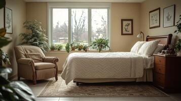 A cozy bedroom features a well-made bed, a comfortable chair, and abundant greenery by the window. Soft natural light enhances the calming ambiance in the room. photo
