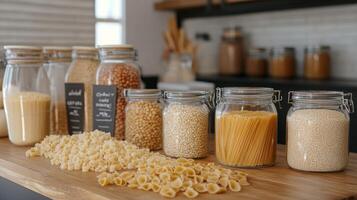 A well-organized kitchen countertop displays an array of jars filled with different pasta types, legumes, and grains. photo