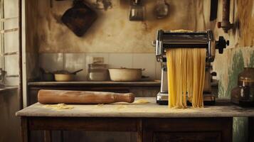 Fresh pasta is being rolled out using a manual pasta machine in a vintage kitchen. The wooden rolling pin rests beside the machine, creating a warm atmosphere perfect for cooking. photo