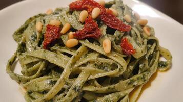 Freshly prepared ai pasta is elegantly presented on a plate, garnished with sun-dried tomatoes and toasted pine nuts. The vibrant green color and texture invite a delightful tasting experience. photo