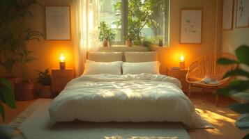 A calming bedroom features a large bed with soft linens, surrounded by potted plants. Warm light emanates from bedside lamps, enhancing the tranquil ambiance in the late afternoon. photo