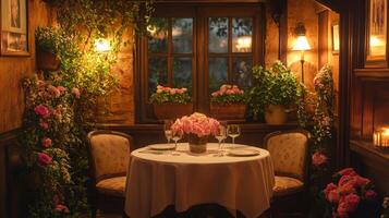 A beautifully arranged table for two sits in a warmly lit corner of a restaurant, surrounded by lush greenery and blooming flowers. The atmosphere is romantic and inviting. photo