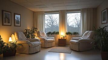 Two plush armchairs are arranged in a warmly lit room with soft lighting, plants by the windows, and a cozy atmosphere, creating a peaceful retreat on a cloudy day. photo