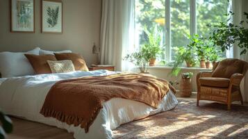 This inviting bedroom features a large bed with warm blankets and several potted plants. Soft sunlight filters through the window, creating a peaceful ambiance perfect for unwinding. photo