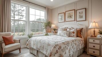 A well-decorated bedroom features large windows that illuminate the space, showcasing a cozy bed with floral patterns and soft lighting. Potted plants add a natural touch. photo