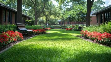 A serene garden features a well-maintained grassy pathway flanked by colorful flowers and large trees, inviting visitors to enjoy nature's beauty in bright daylight. photo