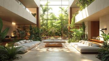 A modern living area features large glass walls, allowing vibrant greenery to flourish inside. Soft seating arrangements create a cozy atmosphere filled with natural light. photo