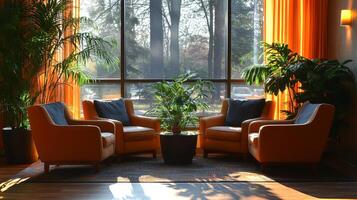 Bright sunlight filters through large windows highlighting a cozy seating area with orange chairs and vibrant plants, creating a relaxing atmosphere in a tranquil environment. photo
