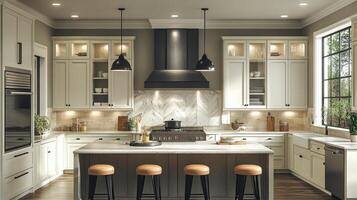 A modern kitchen showcases a beautiful marble countertop, sleek cabinets, and stylish pendant lights. Natural light filters through large windows, enhancing the inviting atmosphere. photo