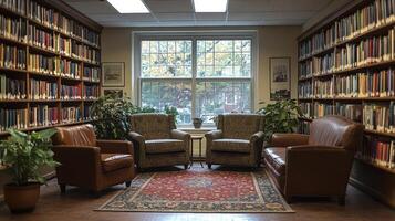 A cozy reading area features leather and fabric chairs arranged around a colorful rug, surrounded by tall bookshelves filled with various books, inviting quiet contemplation. photo