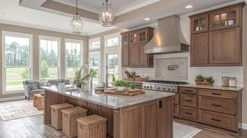 This kitchen features a spacious layout with large windows allowing natural light, a central island with beautiful countertops, and warm wooden cabinetry, creating a welcoming atmosphere. photo