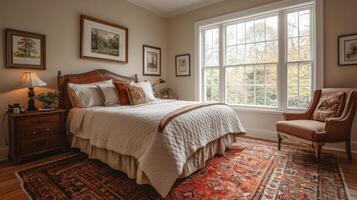 This serene bedroom features a comfortable bed with elegant bedding, warm wood accents, and large windows providing abundant light and a view of nature. photo