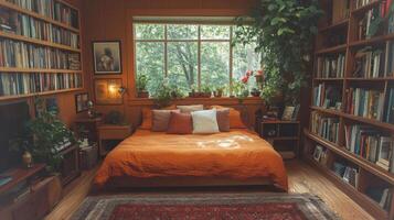 A warm, inviting bedroom features an orange bedspread and large windows letting in natural light. Bookshelves line the walls, filled with plants and books, creating a tranquil retreat. photo