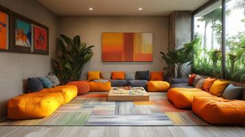 This welcoming lounge space features soft orange and gray cushions surrounding a central table, enhanced by colorful wall art and lush greenery. It provides a perfect setting for socializing. photo