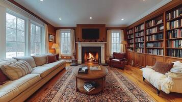 A warm living room features a crackling fireplace, comfortable seating, and bookshelves filled with books. Large windows let in soft winter light, adding to the inviting ambiance. photo