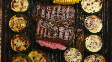 Juicy grilled steak sits center stage, surrounded by perfectly charred zucchini and yellow squash, along with vibrant corn, showcasing a delicious summer barbecue feast. photo