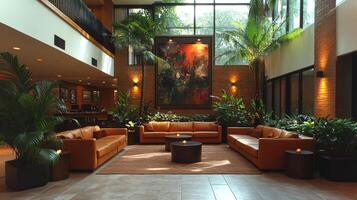 A spacious lounge area features comfortable brown leather sofas arranged around a central table, surrounded by lush tropical plants. Soft lighting enhances the cozy atmosphere. photo