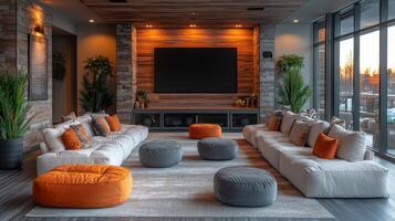 A spacious living area features plush white sofas with orange accents, circular ottomans, and a large television. Large windows provide a beautiful sunset view. photo